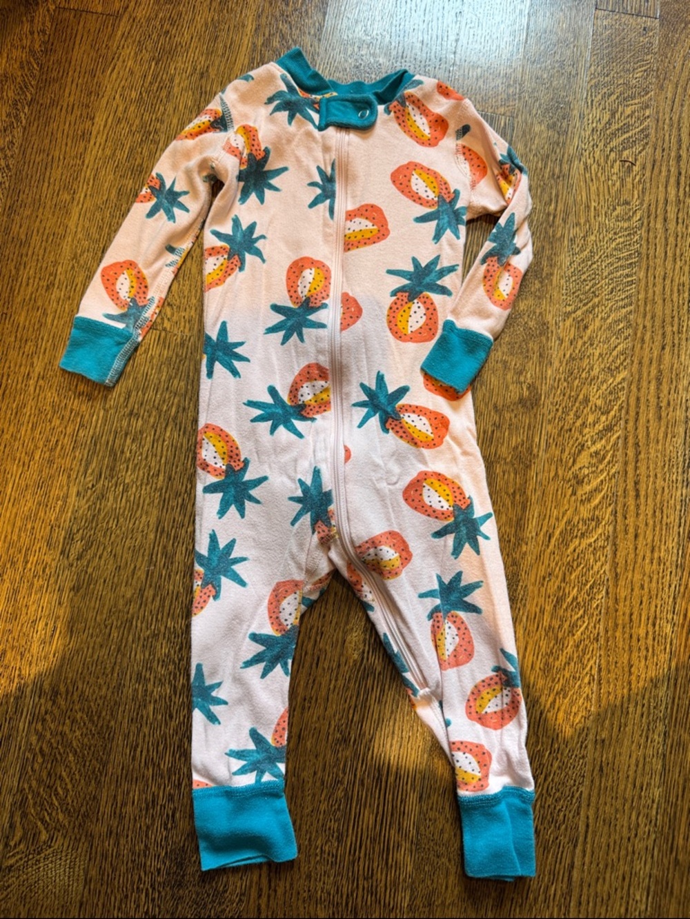 Hanna Andersson Pink Strawberry-Print Footed One-Piece with Teal Trim